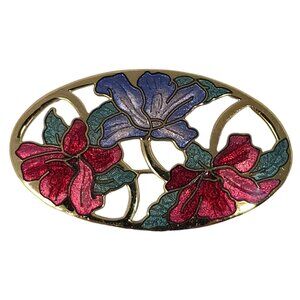 Vintage Floral Enamel Brooch Red & Purple Petunias Gold Tone Openwork Oval 1980s